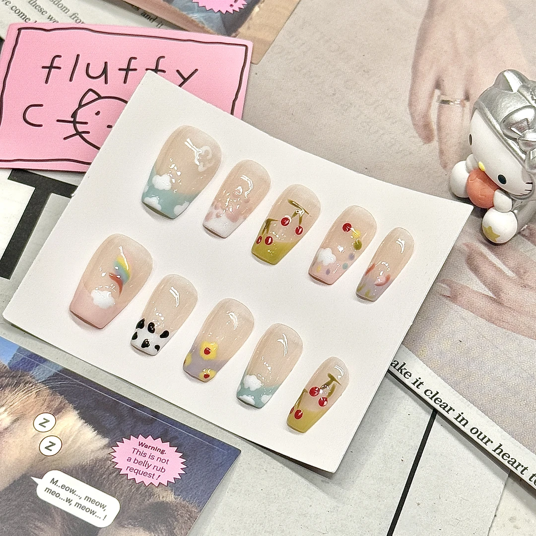 夏日花园 | 手工手绘可爱卡通穿戴甲短款法式美甲