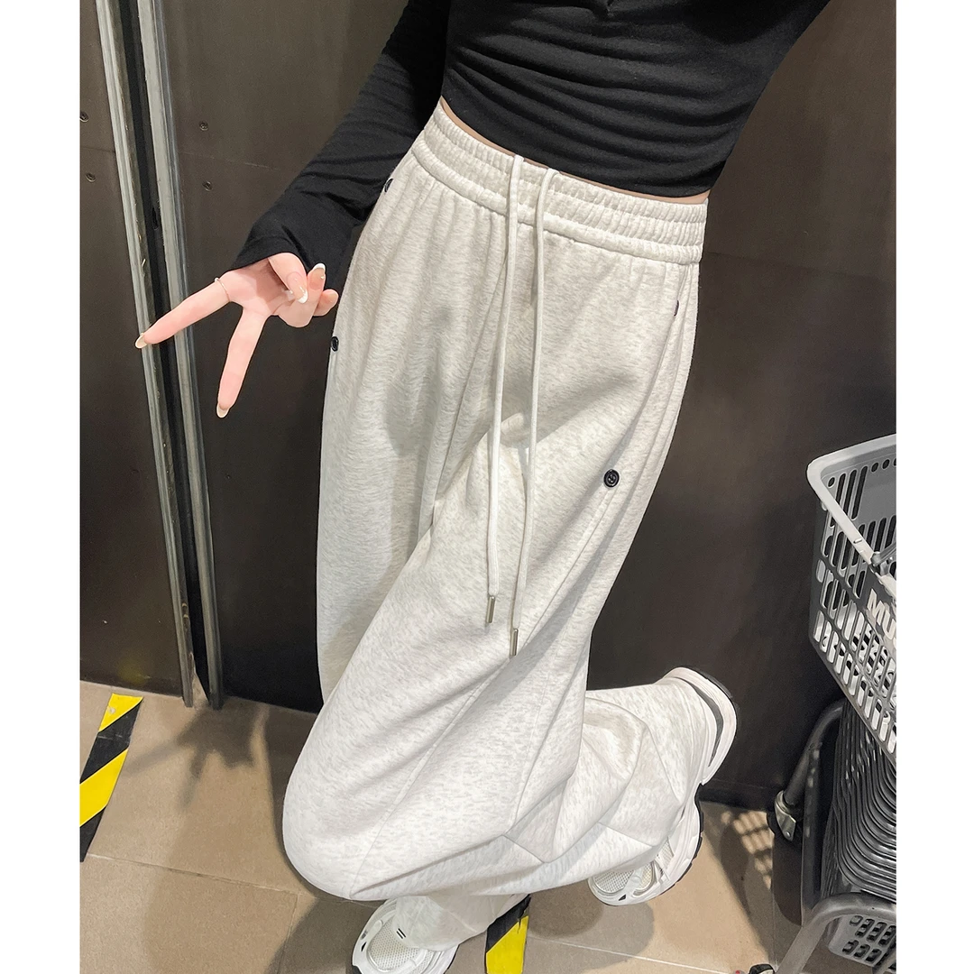 白灰色美式运动女春秋2025新款小个子高腰宽松垂感拖地休闲阔腿裤
