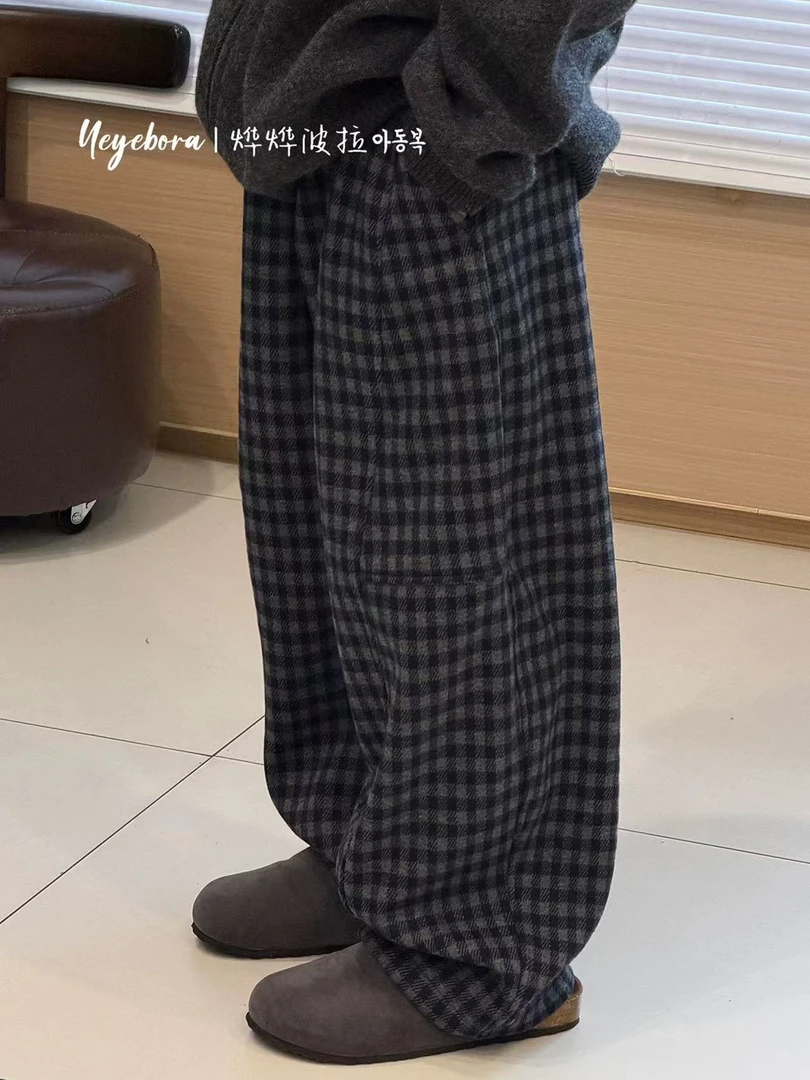 韩国童装男童洋气加绒格子裤2025儿童秋冬毛呢休闲裤女童弯刀裤子