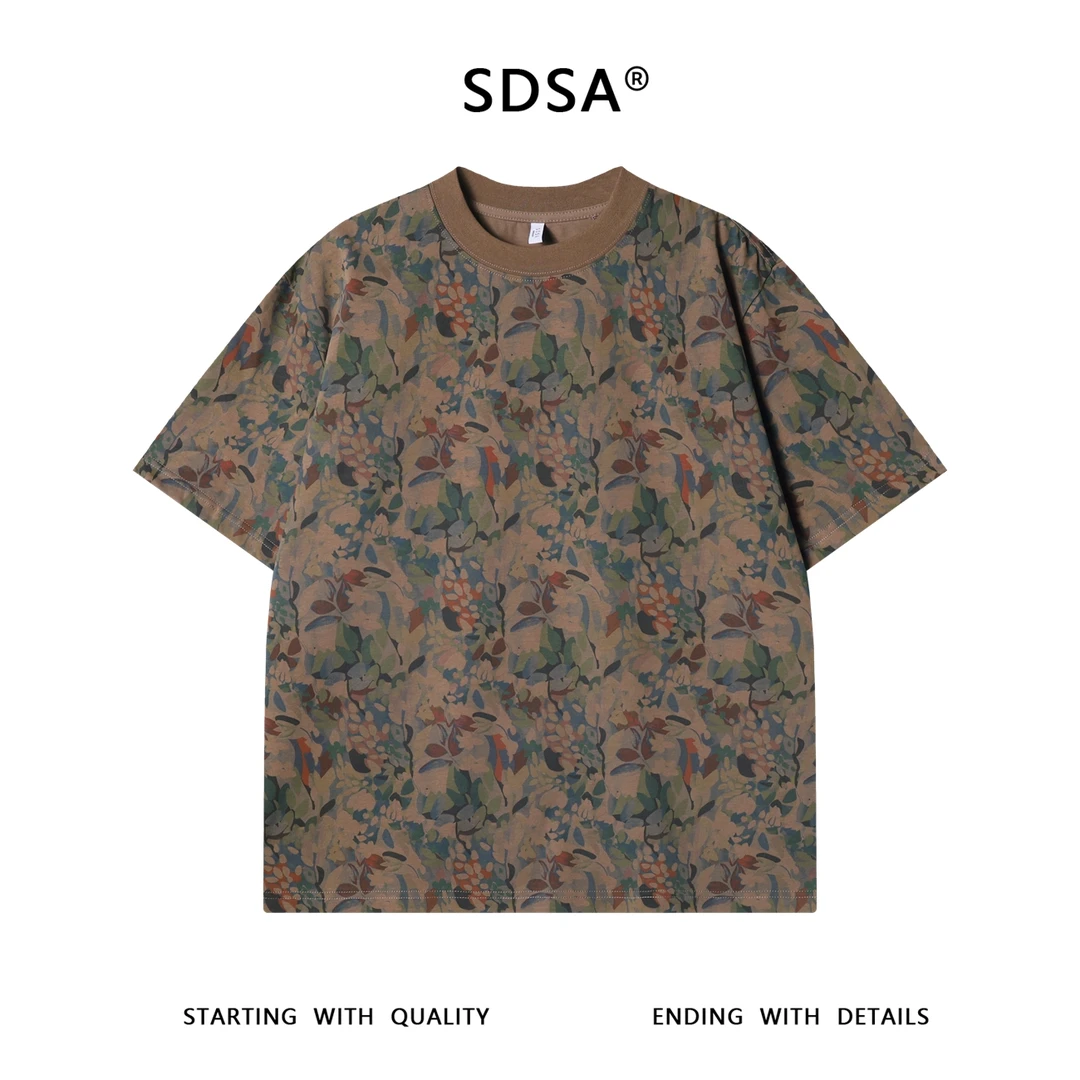 夏季高级感新款潮牌多样植物树叶图案短袖T恤简约气质圆领上衣