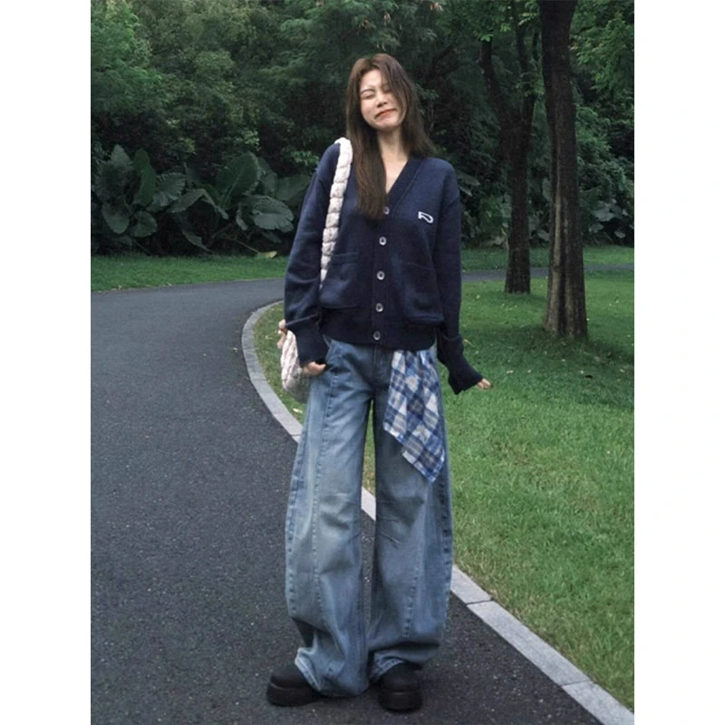 水洗蓝可拆卸方巾牛仔裤男款美式高街cleanfit裤子垂感阔腿弯刀裤