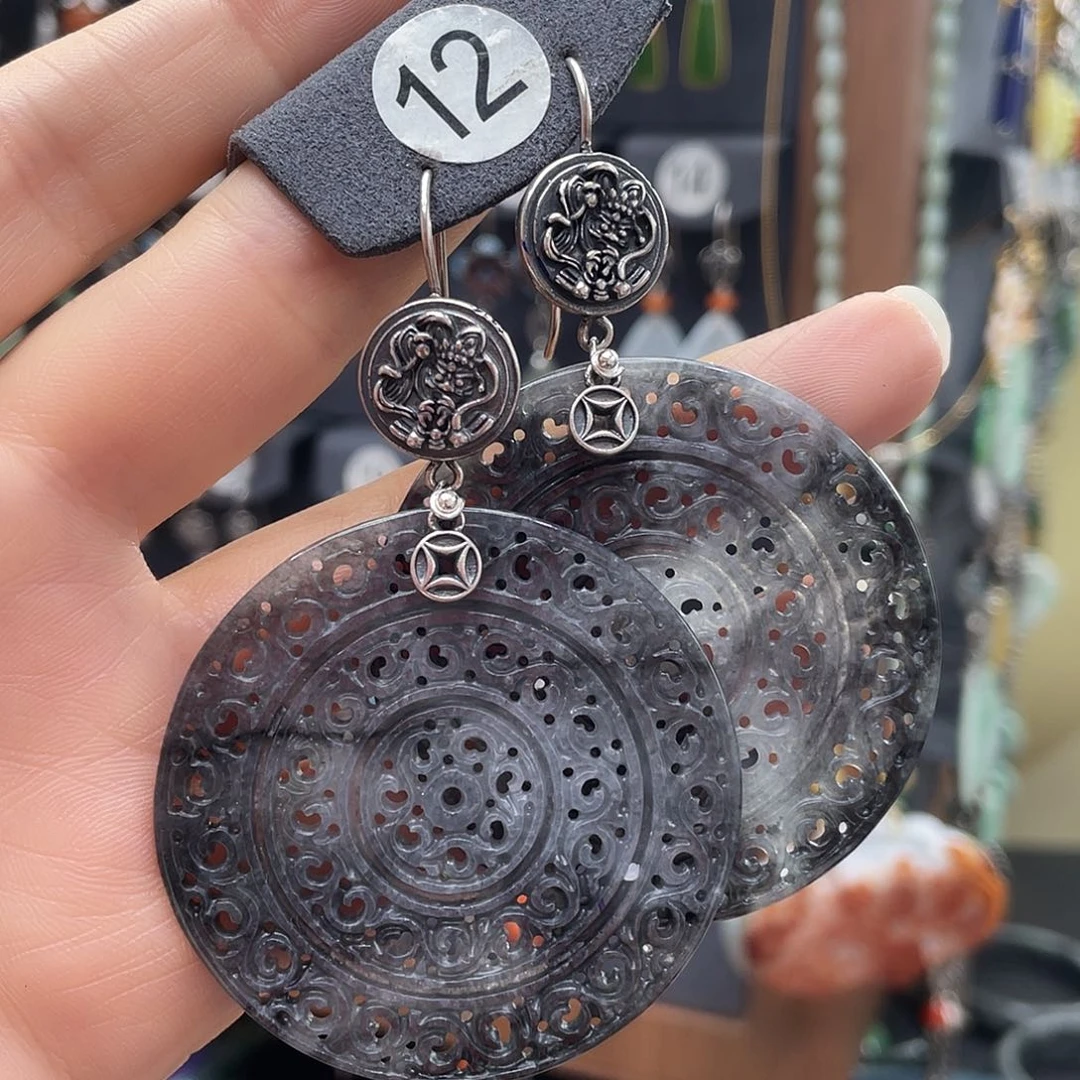 翡翠耳饰银S925镶嵌玉*头fjnghhghh