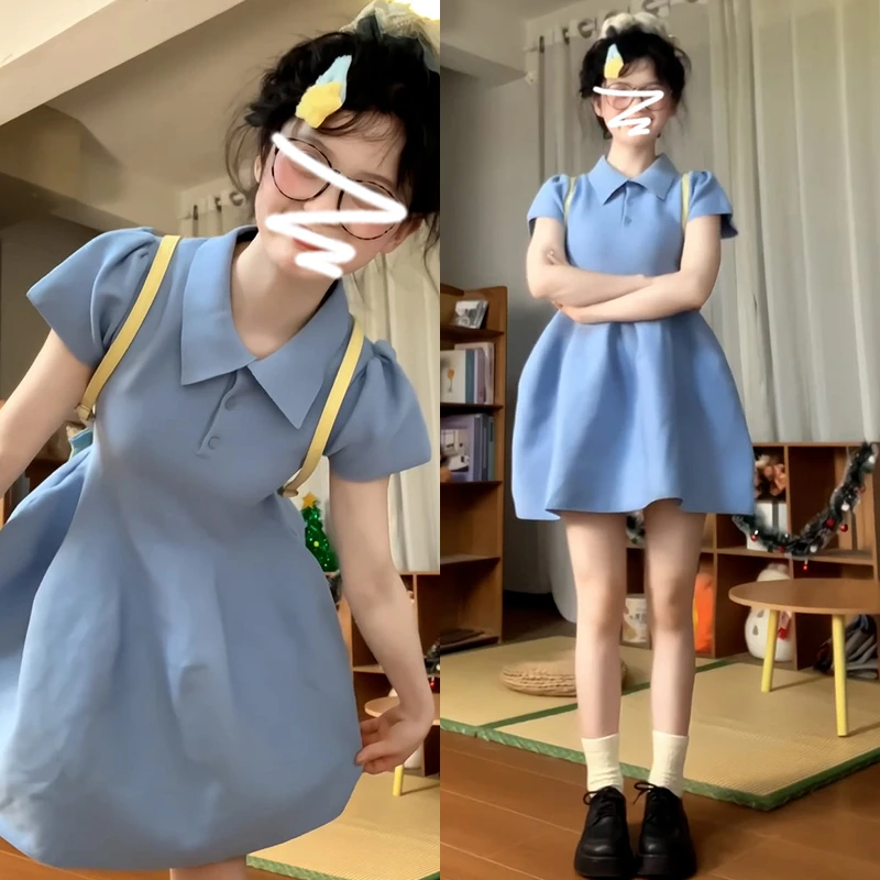 3233可爱学院风连衣裙大裙摆遮肉显瘦小个子显高气质小清新