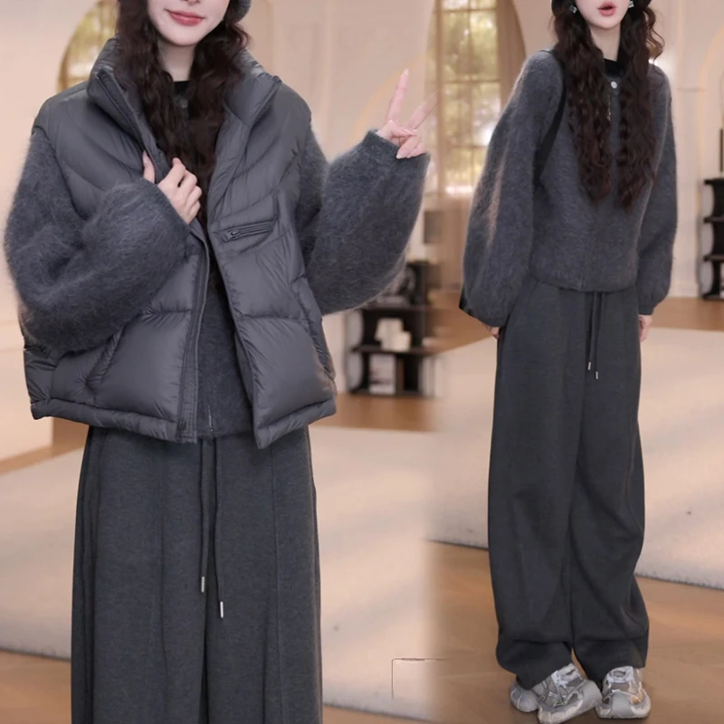 休闲百搭三件套无袖棉服马甲圆领拼接拉链毛衣高腰抽绳松紧腰长裤