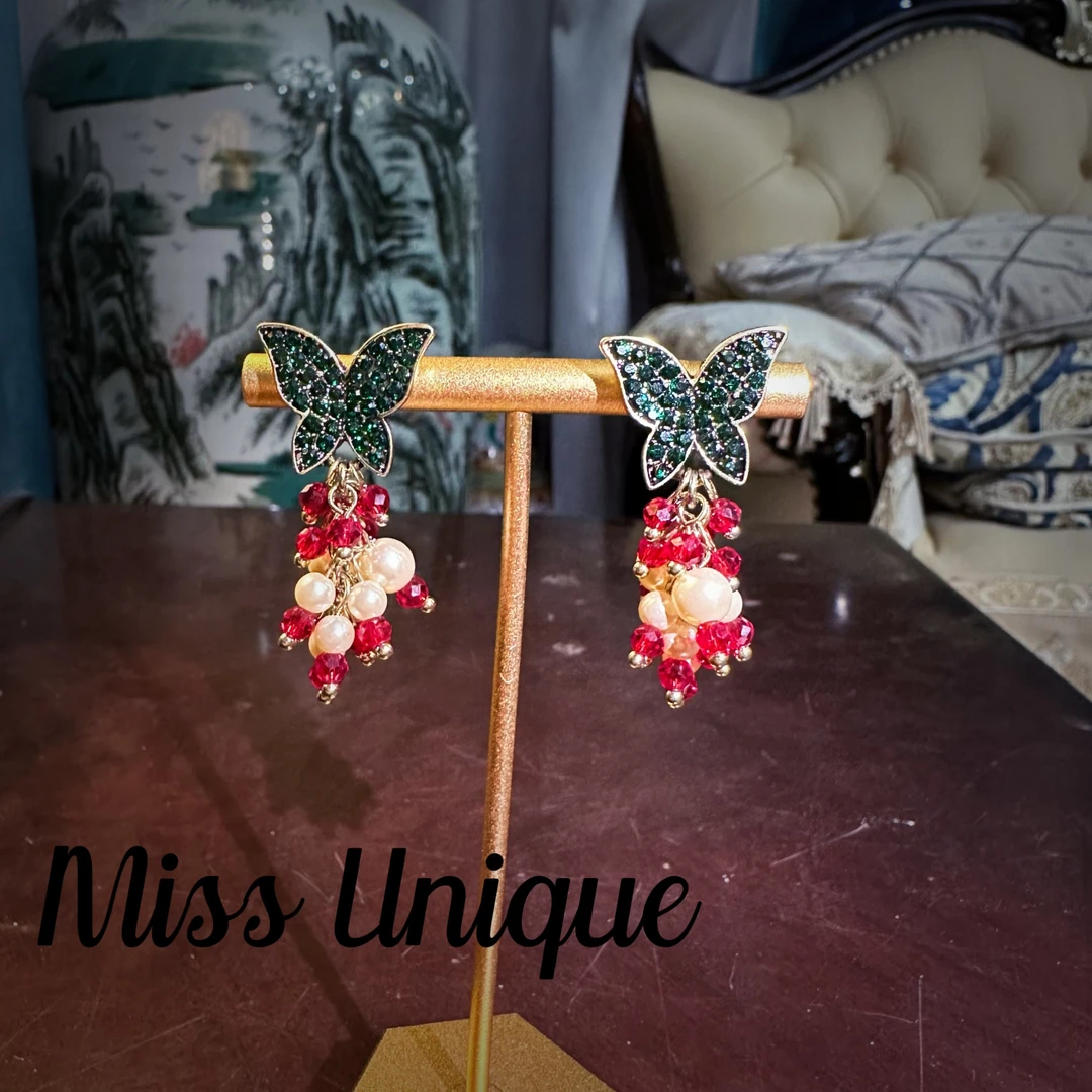 S6587中古红绿蝴蝶珠珠耳环