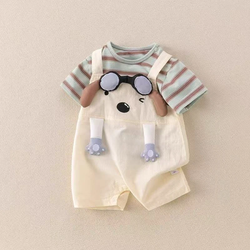 洋气休闲夏装薄款男女宝卡通动漫婴幼儿衣卡通风假背带连体哈衣潮