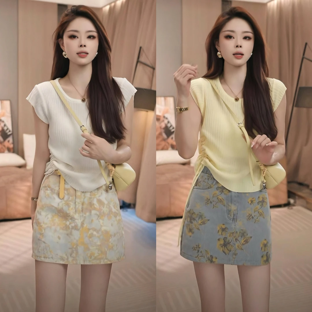 洋气休闲装2025夏季显瘦镂空短袖针织上衣百搭包臀半身裙气质套装