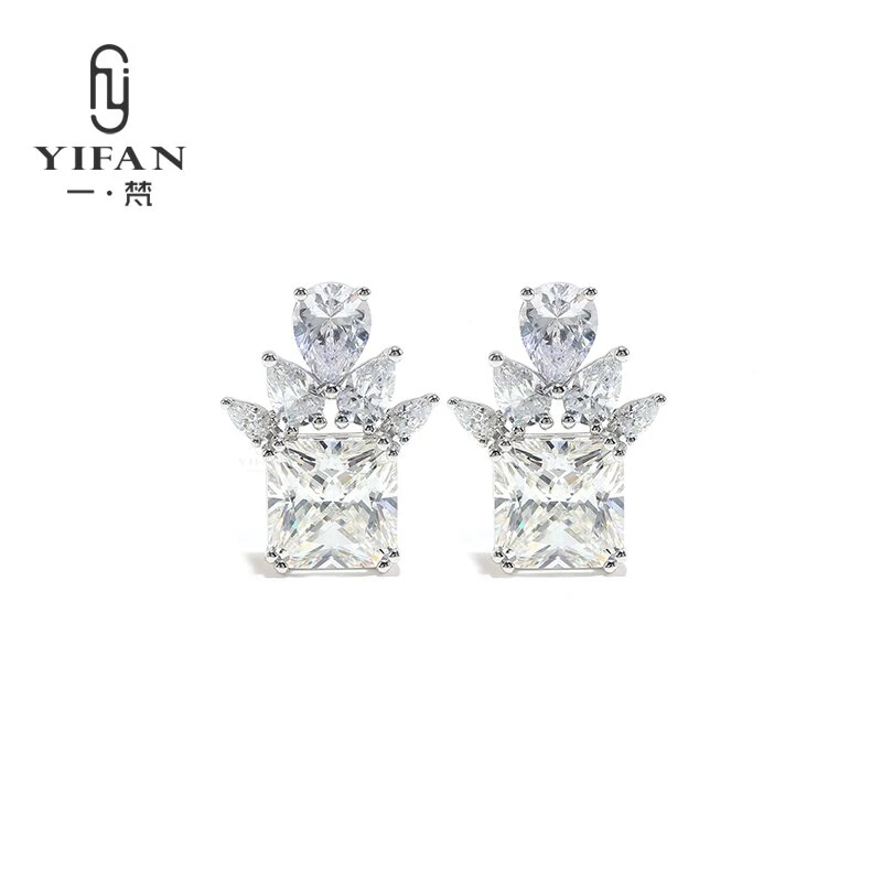 925银合成锆石耳饰 一梵  3144-设计师款冰花气质白方形半边花耳