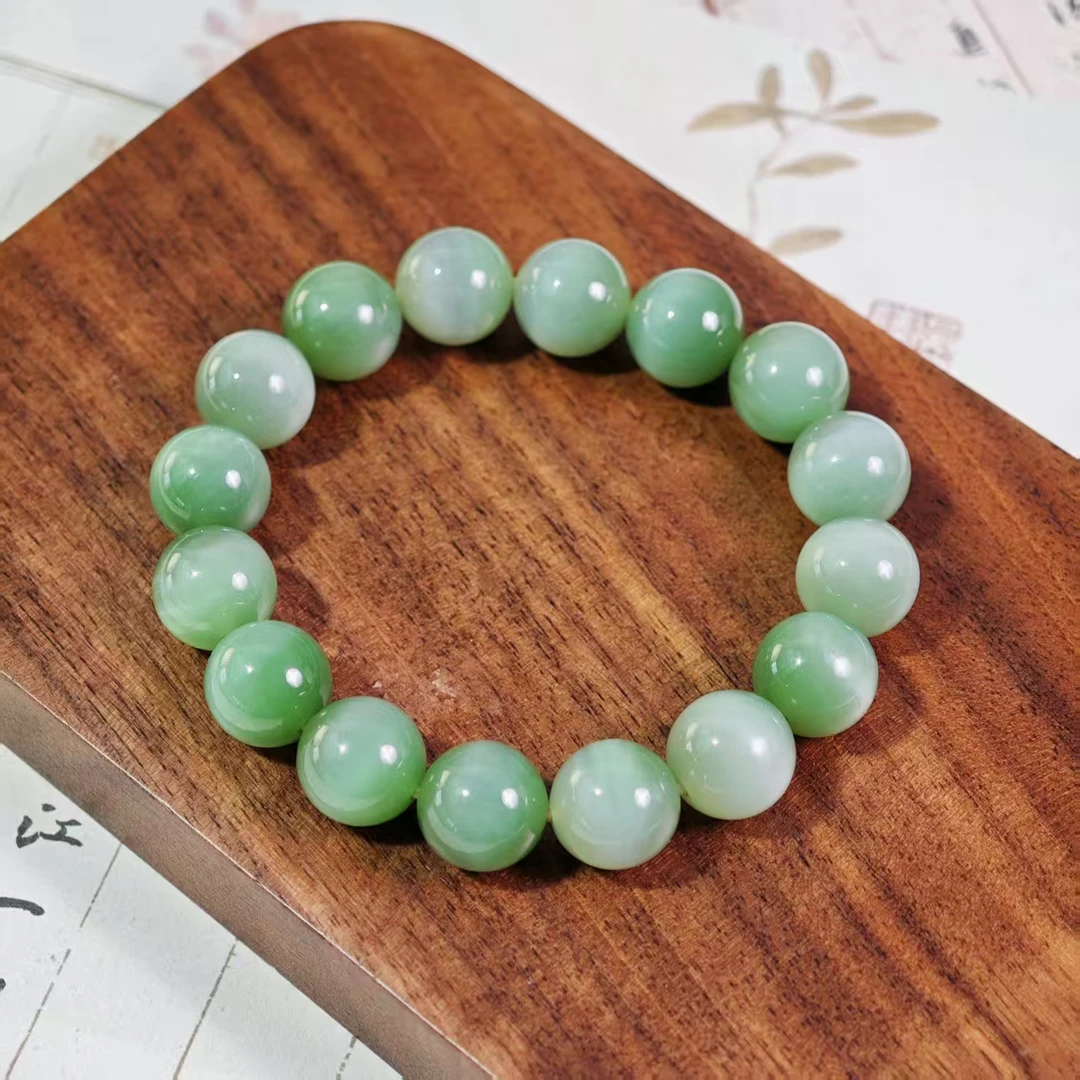 【Y】YJ和田玉碧玉猫眼圆珠单圈素串11mm+孤品