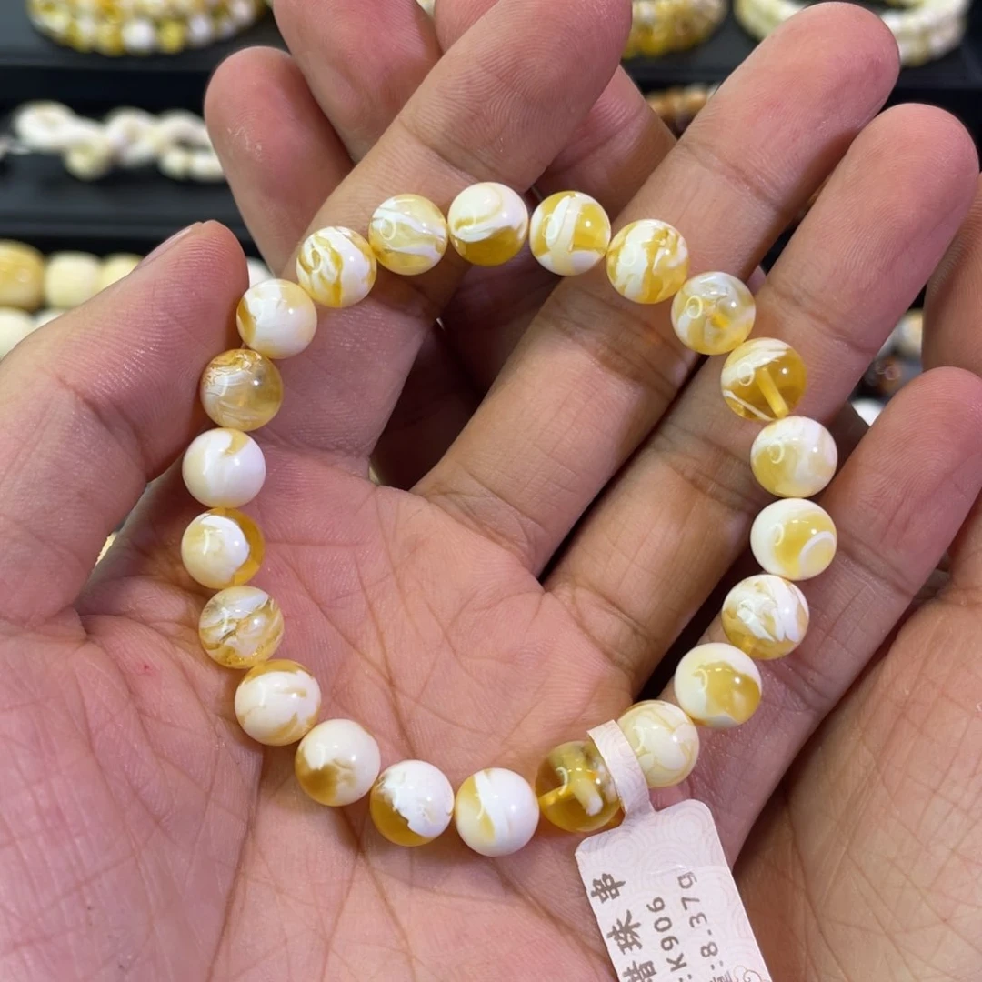 琥珀未镶嵌手镯K906金瓷白圆珠手串