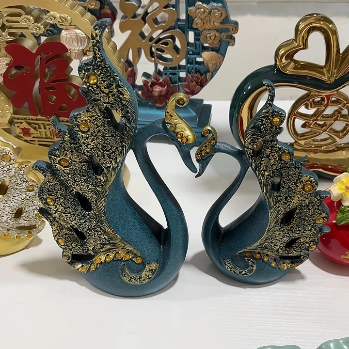 树脂蓝色天鹅一对