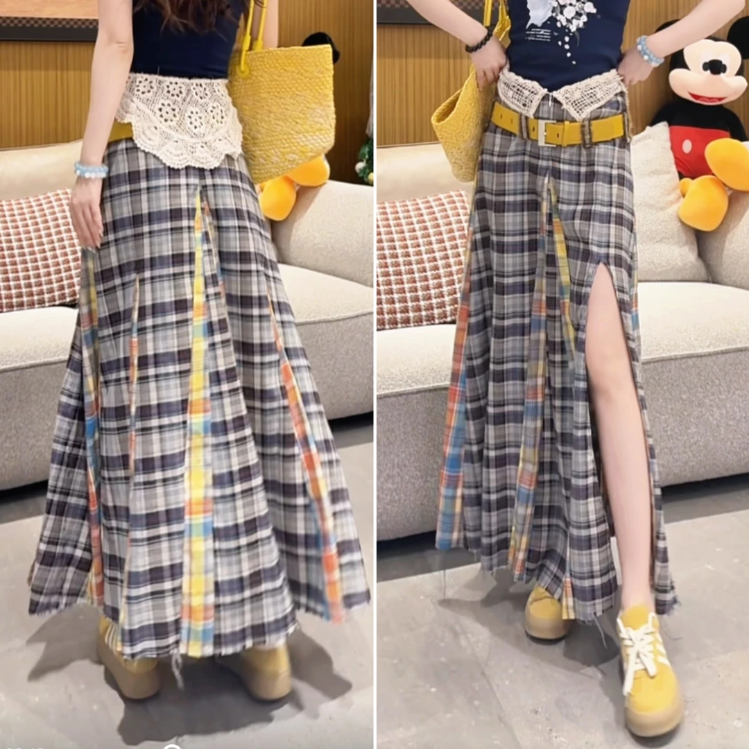 z4572 CC推荐 度假风彩色格子拼接高腰A字长裙