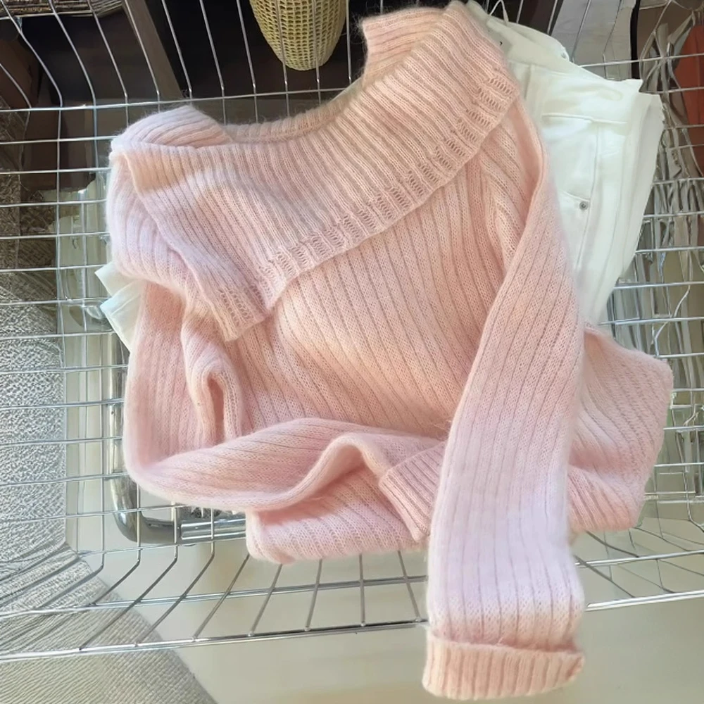 粉色一字领不规则针织衫女秋冬温柔风软糯慵懒风毛衣洋气减龄上衣