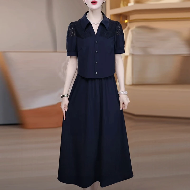 四面弹时尚女装2025夏季新款洋气质减龄设计感假两件短袖连衣裙子