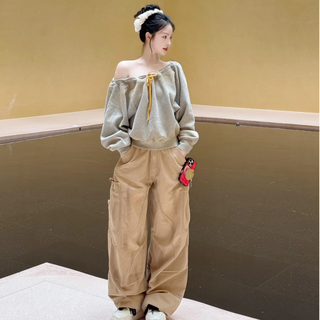 美式复古斜肩长袖卫衣女早秋2025新款爆款时尚洋气宽松设计感上衣