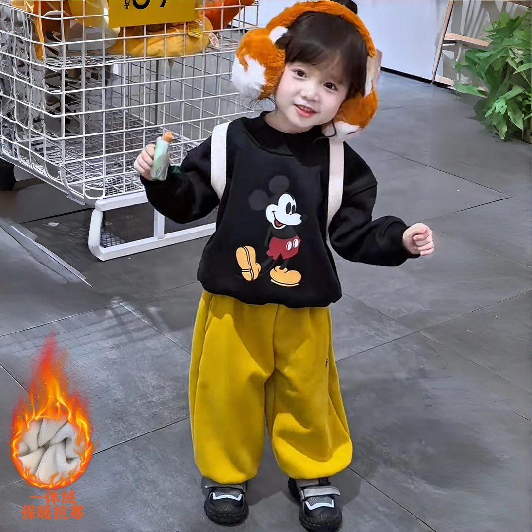 女童秋冬季加绒保暖套装儿童小狗束脚裤米奇印花卫衣休闲洋气韩版