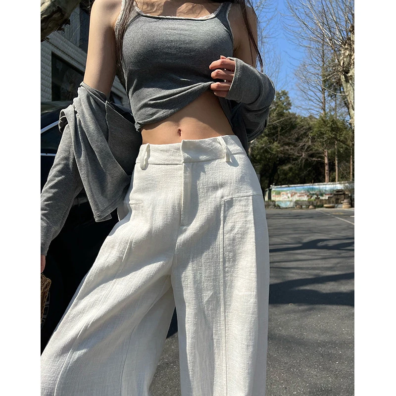 白色亚麻苎麻阔腿裤女夏季薄款高腰垂感老钱风西装直筒棉麻休闲裤