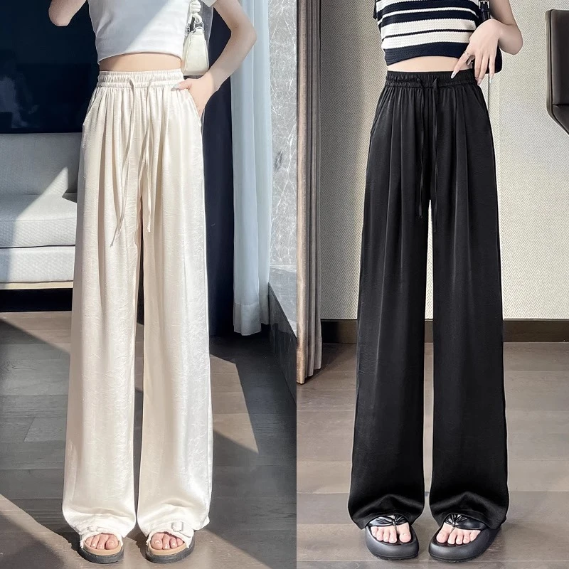 新中式国风醋酸缎面裤子女2025夏新款高腰垂感直筒冰丝提花阔腿裤