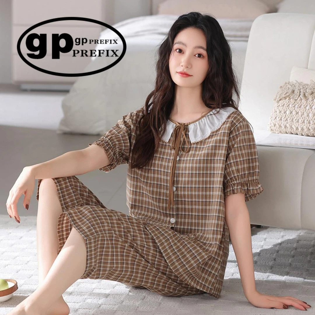日本小众GP睡衣女款夏季纯棉短袖七分裤薄款可外穿大码家居服套装