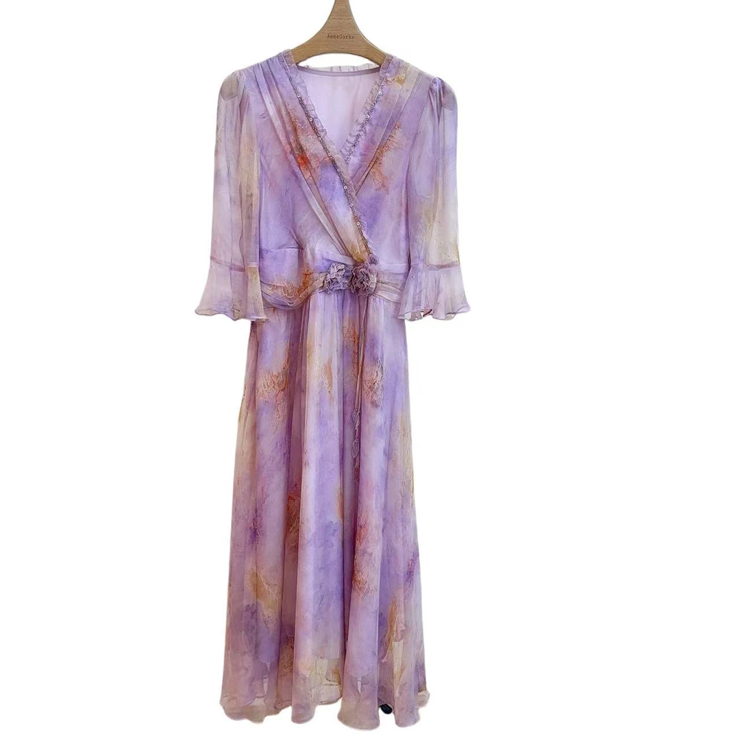 269百搭印花收腰轻奢女士夏季真丝连时尚夏碎花裙