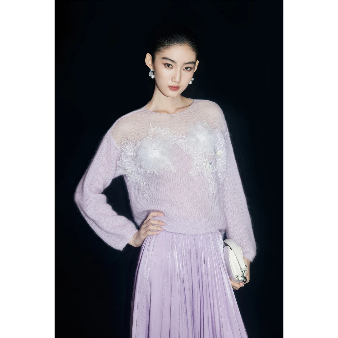 【粉丝专享】MandyZhang定制蕾丝花朵羊毛紫色针织衫女秋毛衣MT0757