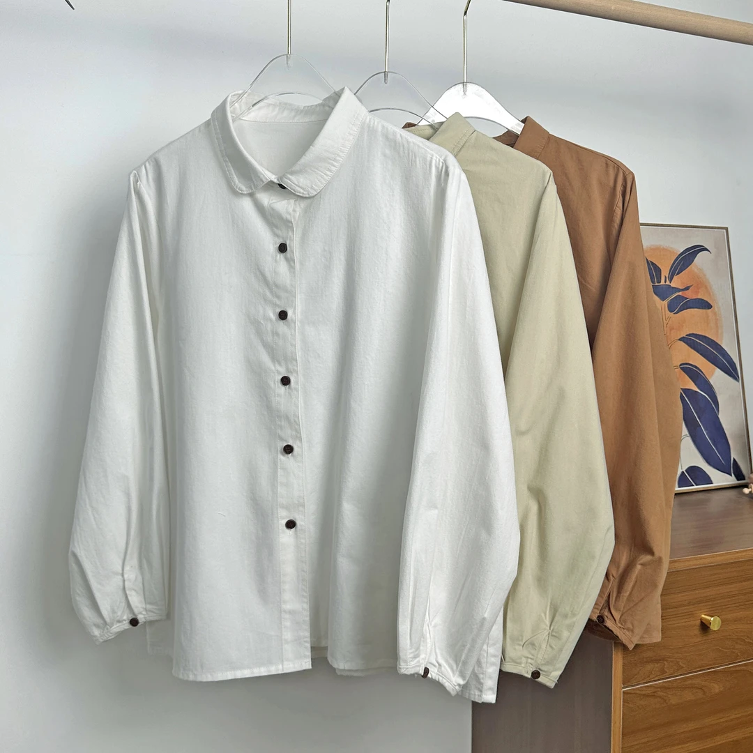 [邂逅]早春小圆领磨毛衬衫长袖纯色百搭衬衣