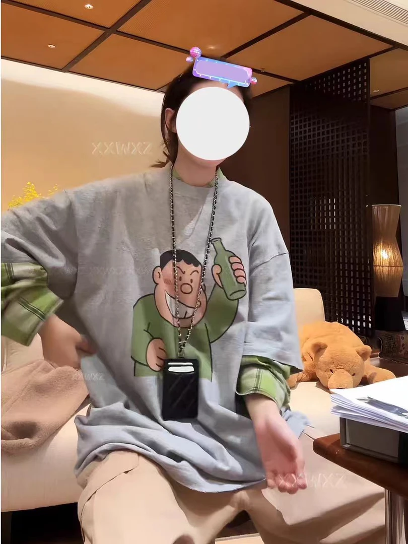 『PEACHZHOM』磨破胖虎卡通印花宽松圆领短袖休闲趣味减龄中性T恤