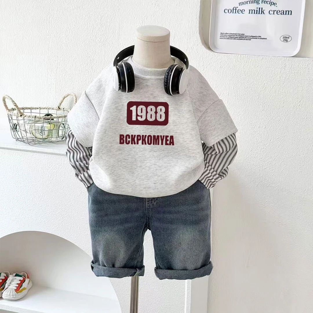 韩版童装新款卫衣春秋2025新款卡通图案印花假两件男童帅气外穿潮