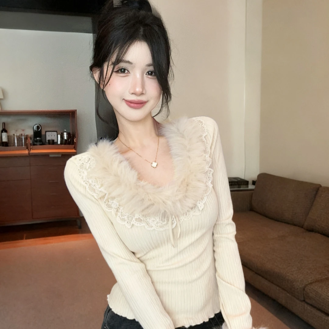 毛毛领蕾丝边长袖t恤女秋冬纯欲一字肩上衣打底衫内搭巨好看绝美