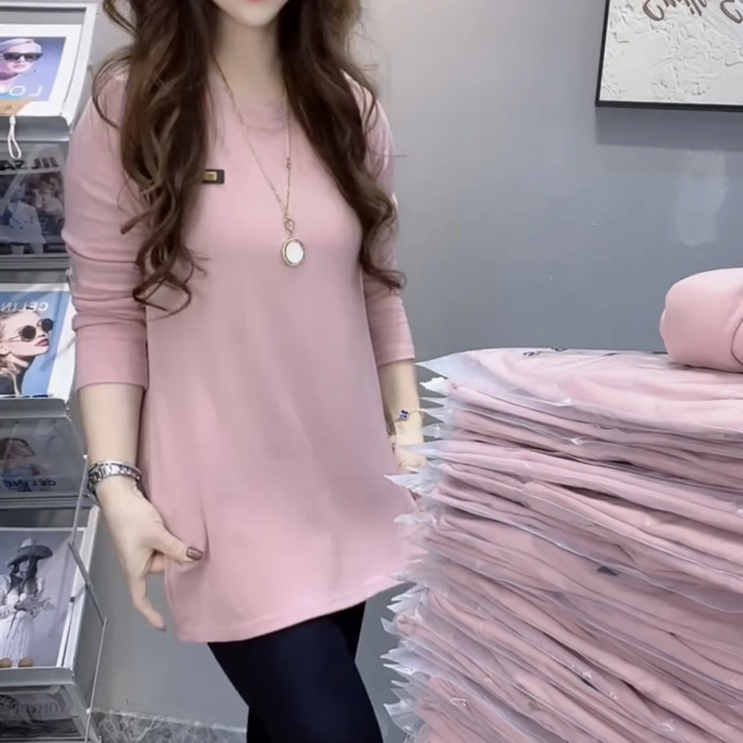 立体装饰长袖圆领纯色中长款T恤秋季韩版春秋开叉