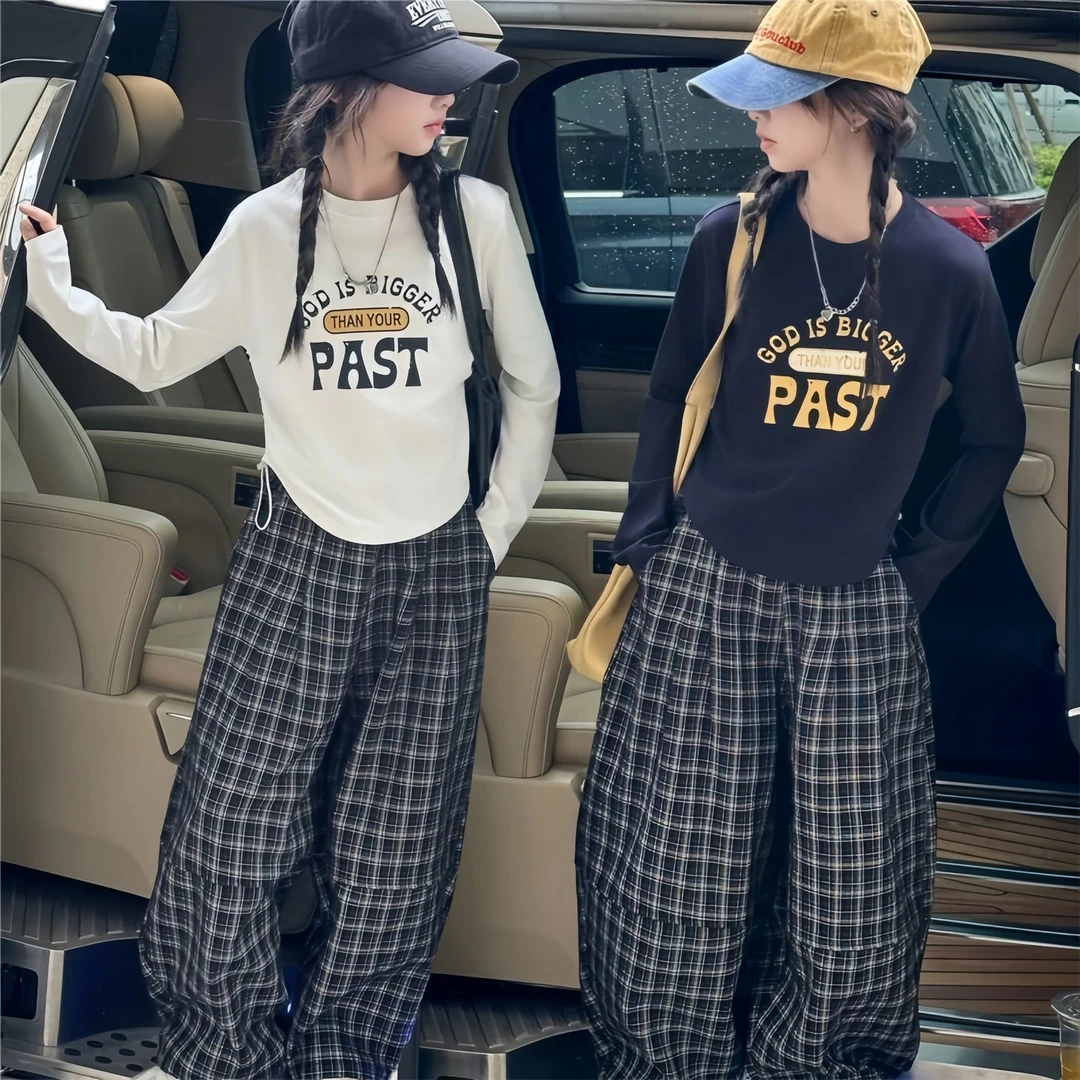 【姐妹潮款套装】中大童秋季显瘦长袖T恤+宽松格子裤两件套秋装