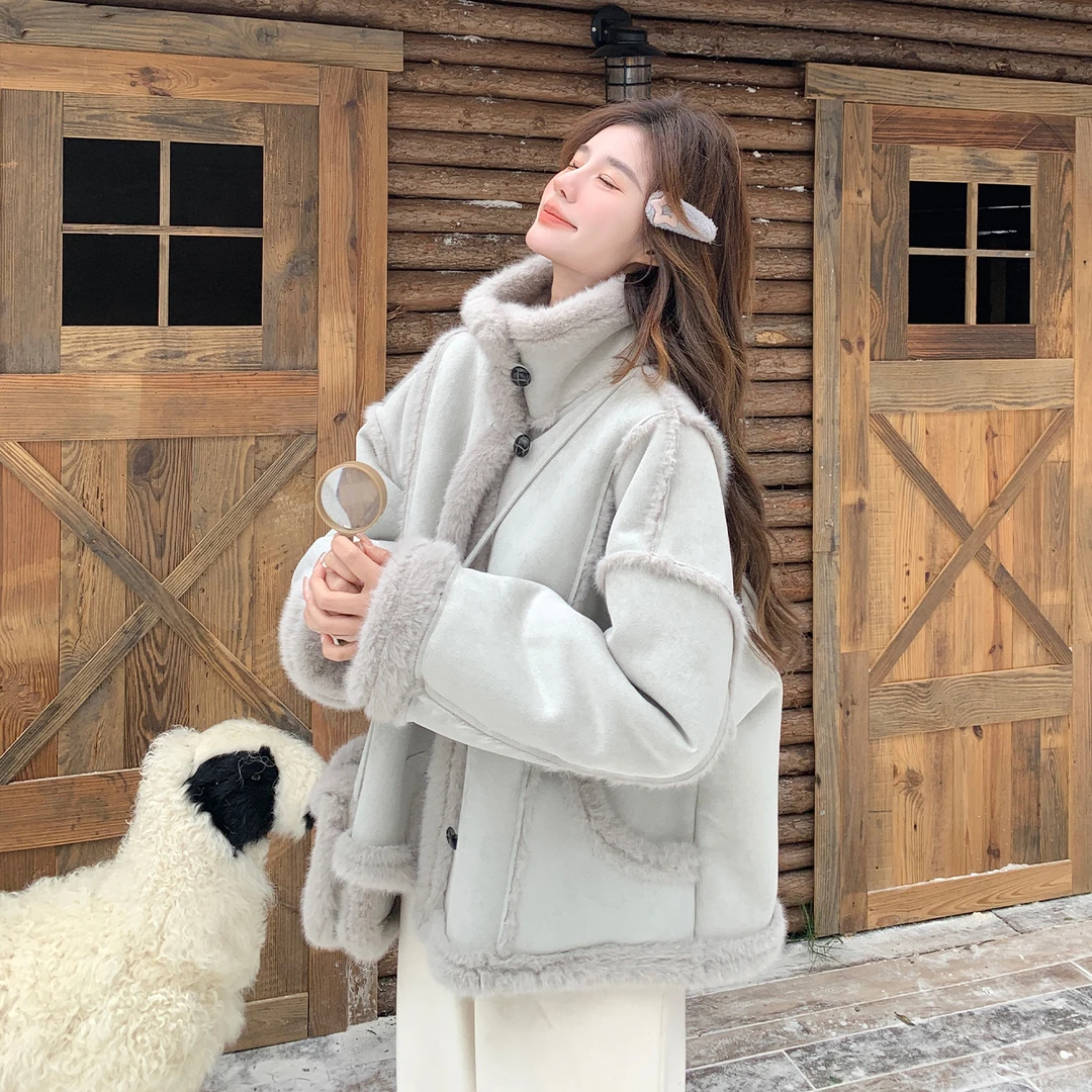 灰蓝色皮毛一体羊羔毛外套女冬季2025新款韩系ins麂皮绒流行穿搭