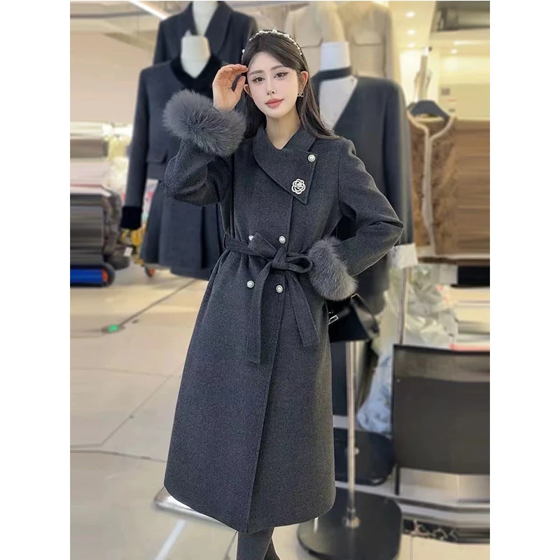 气质羽绒服中长款法式长款韩版冬季毛呢女装显瘦双面呢洋气衣服女