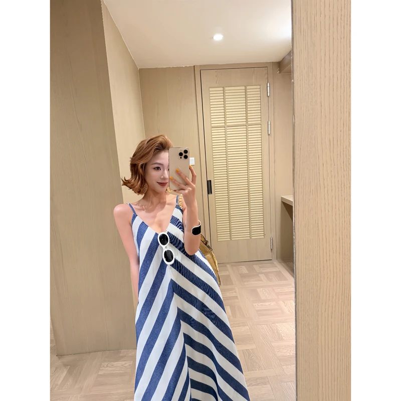 【娇娇私服定制】新款休闲宽松条纹斜纹吊带连衣裙(裙长120)42233