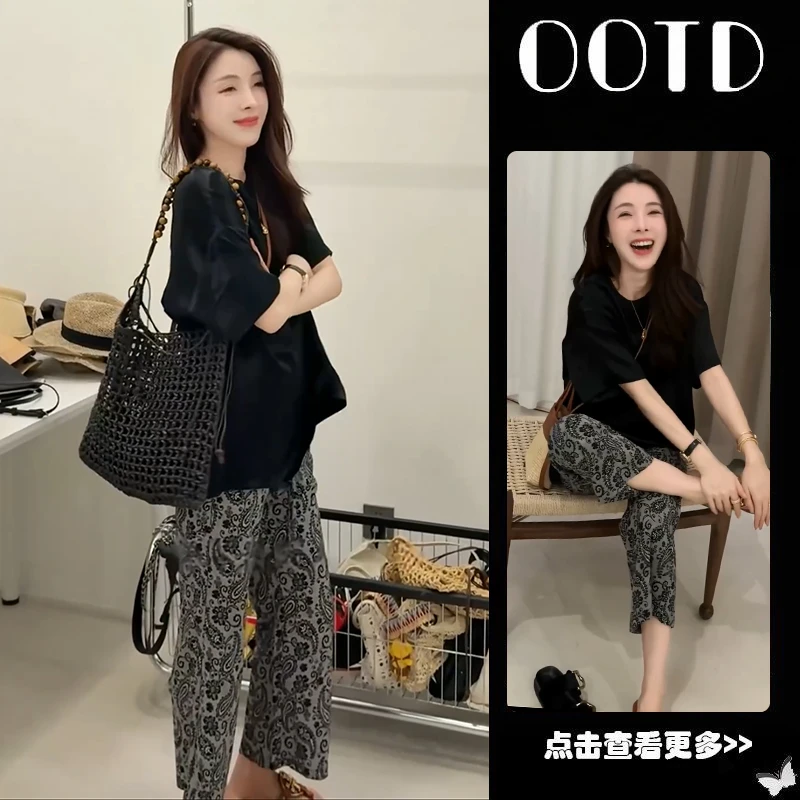 【现货】超火夏穿搭一整套女2025黑色蕾丝短袖T恤百搭阔腿裤两件套