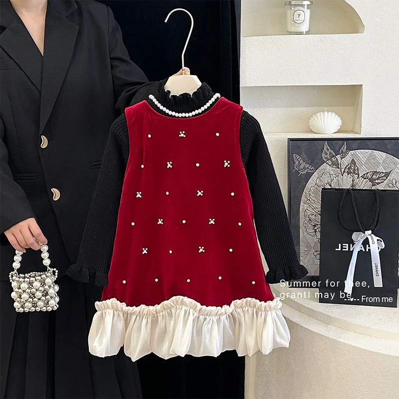 女童连衣裙套装2026冬季新款女孩洋气丝绒背心裙休闲上衣两件套潮