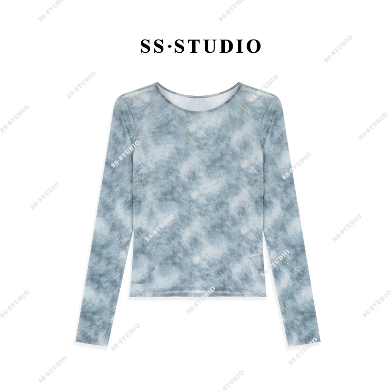 【SUSU】扎染网纱长袖打底衫显瘦百搭休闲圆领T恤防晒上衣SS-5114