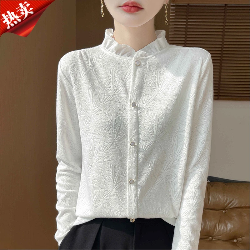 时尚品牌复古提花木耳领长袖针织衫女蕾丝衬衫上衣薄款春秋