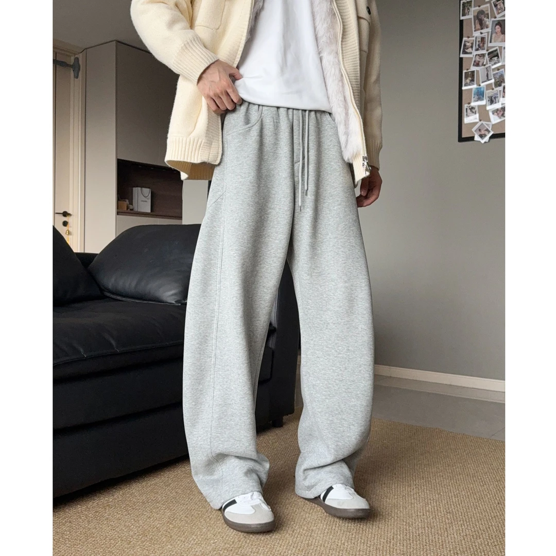 重磅加绒加厚磨毛绒感卫裤宽松弯刀休闲裤男长裤子阔腿冬季保暖潮