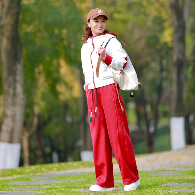 运动休闲套装春季新款美式高级感百搭直筒裤连帽开衫卫衣两件套女