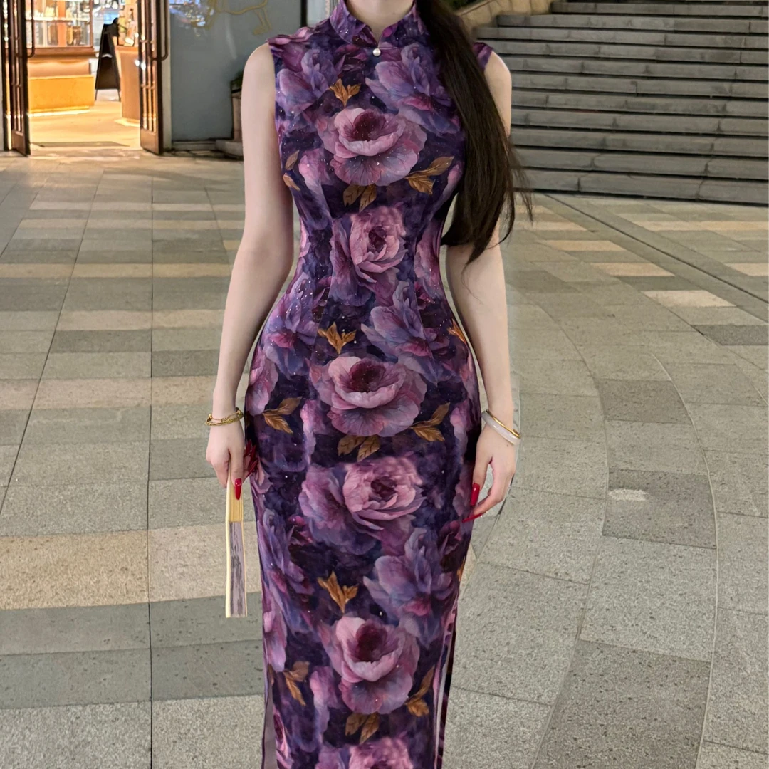LHMknk1画报夫人原创自制国风弹力针织花朵带闪港工旗袍 带闪紫花