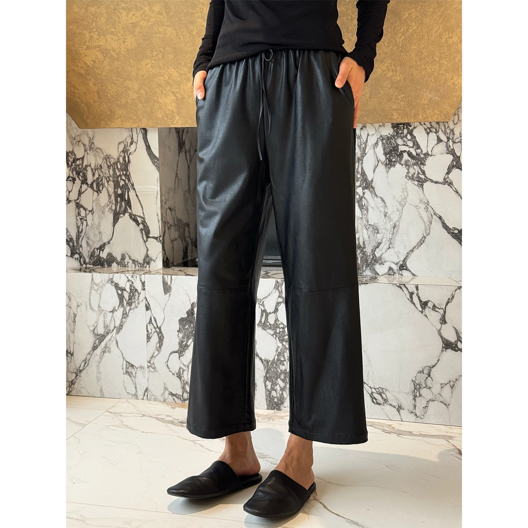 LANGQING 抽绳松紧腰女士通勤百搭直筒九分皮裤45741/46075#