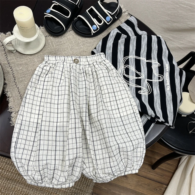 H907超凉快~文艺范儿童可爱南瓜裤男宝宝格子棉麻灯笼七分裤子夏