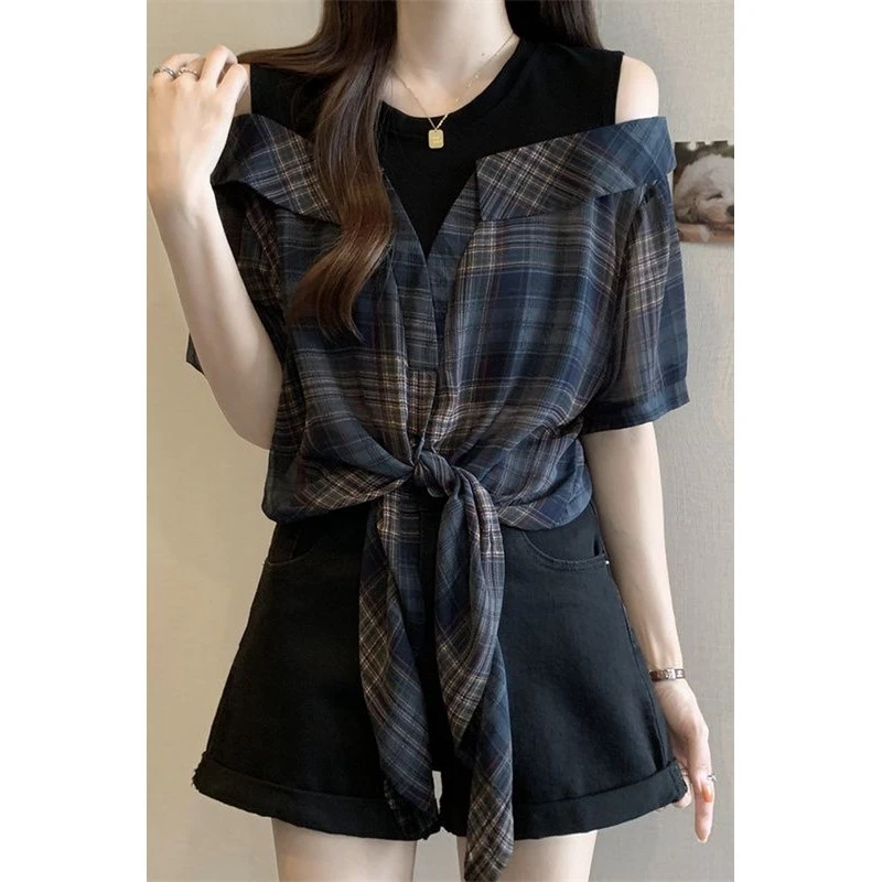 复古港风短袖衬衫女大码胖mm显瘦时尚洋气假两件露肩上衣秋季格子