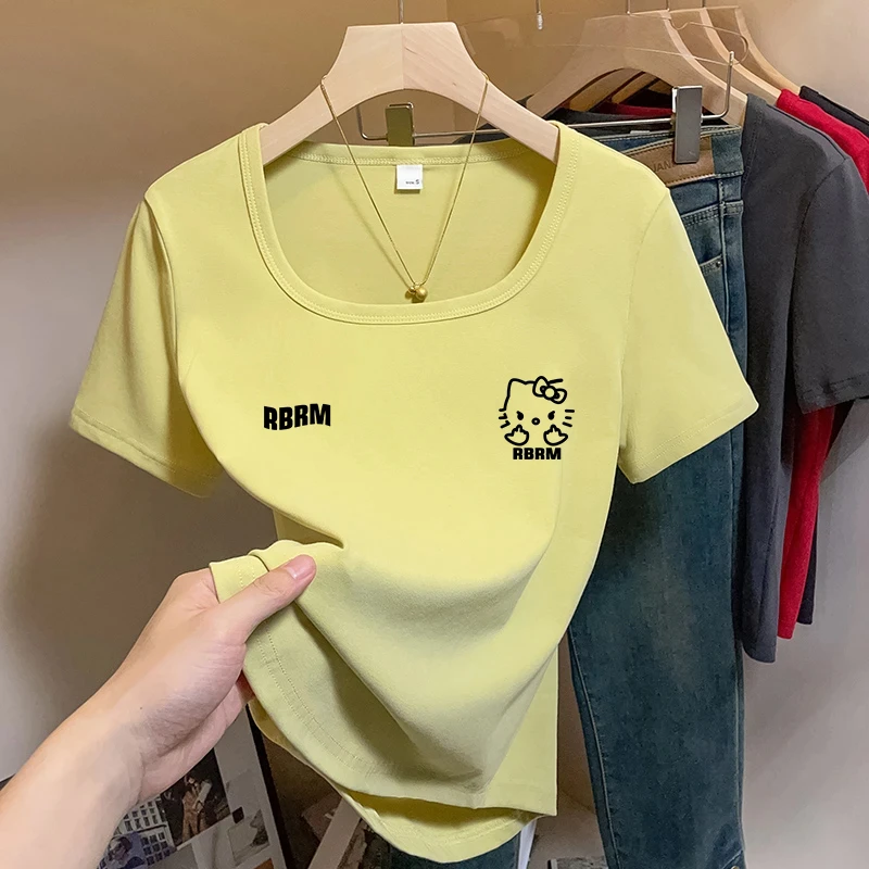 清仓捡漏~洋气不规则下摆t恤短袖女正肩夏季方领显瘦百搭打底上衣