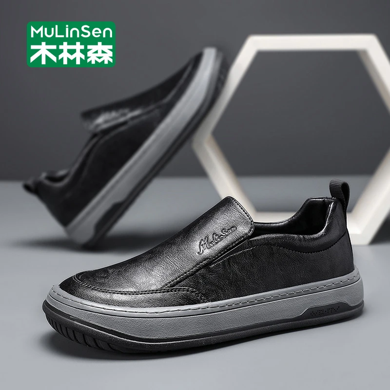 木林森男士皮鞋2025新款懒人一脚蹬商务休闲厚底皮面黑色乐福鞋