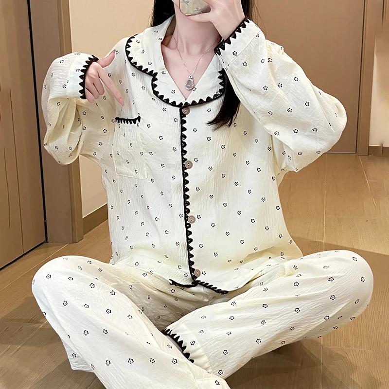 Meng luan/梦鸾翻领碎花长袖女春秋款公主风睡衣可外穿家居服套装