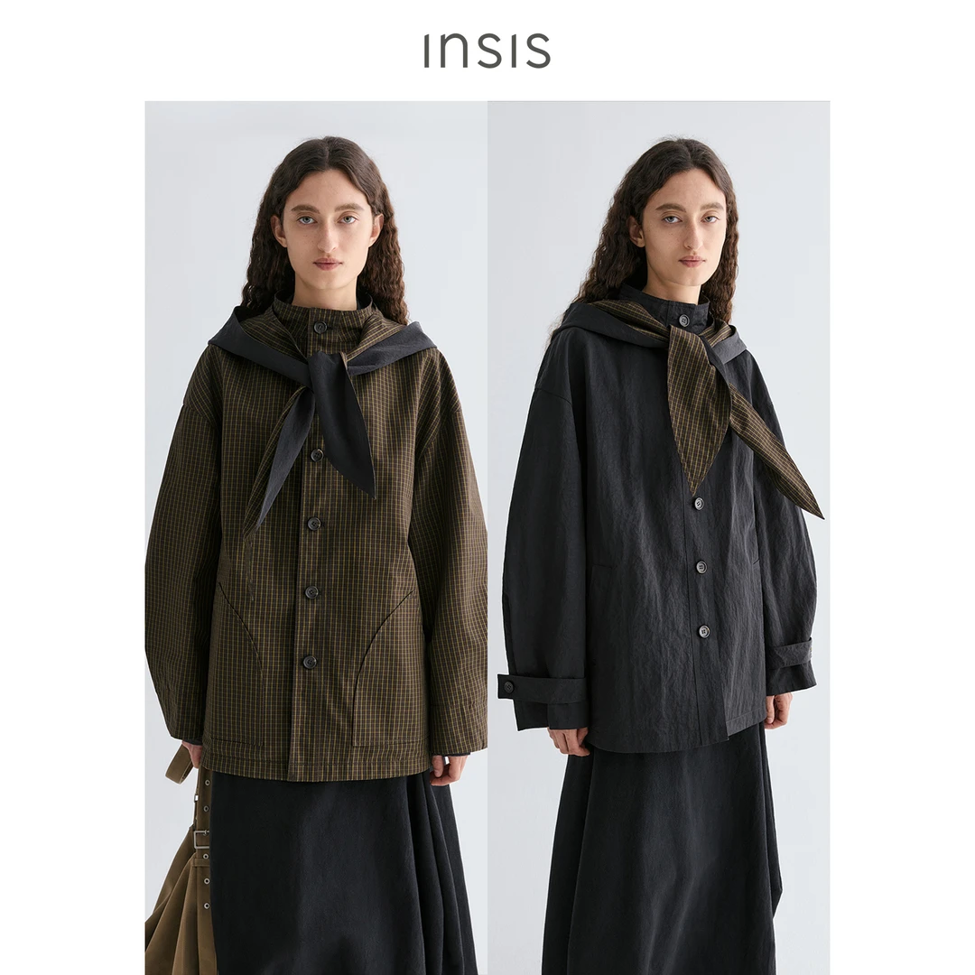 INSIS FEMME高密棉格纹2025新款正反异色双面穿兔耳连帽领巾外套