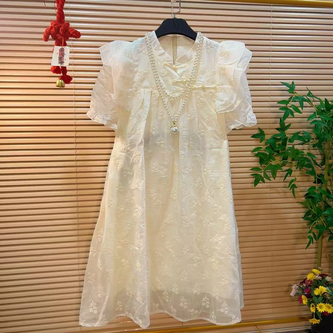 淑女气质设计感减龄绣花小白裙胖YY2025夏季新款新中式国风连衣裙