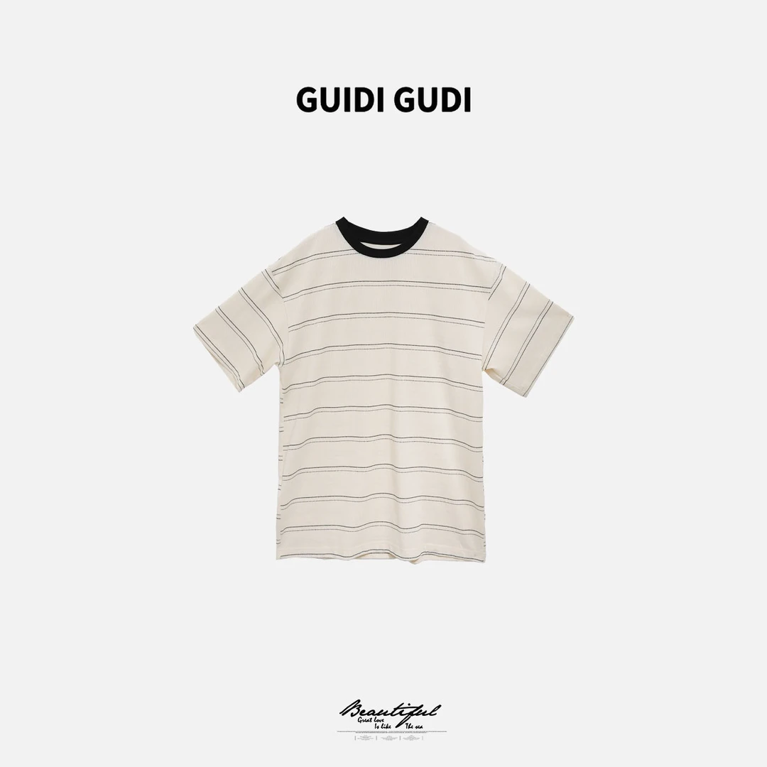 GUIDI GUDI【晨雾】黄加蓝条纹短袖T恤  T9511016H